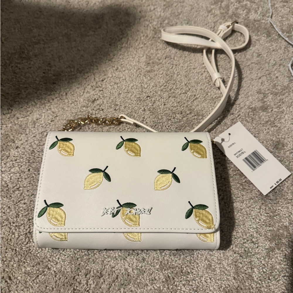 NWT Betsey Johnson White Crossbody Bag with Lemon embroidered  Print